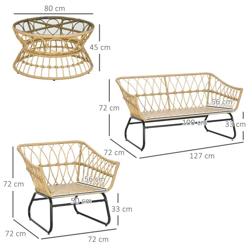 Outsunny Salon de jardin 4 pièces en résine tressée canapé 2 places + 2 fauteuils + 1 table basse sable et crème