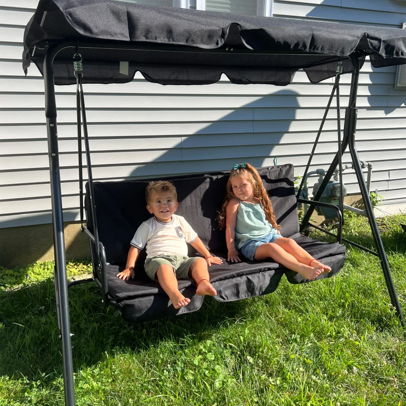 Outsunny Dondolo da Giardino 3 Posti con Tetto Parasole Regolabile e Struttura in Acciaio, 172x110x153cm, Nero