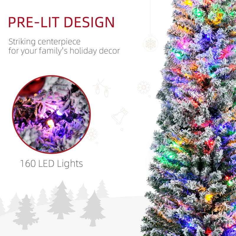 HOMCOM 6' Artificial Prelit Christmas Trees Holiday Décor with Colourful LED Lights, Flocked Tips, Berry, Pine Cone