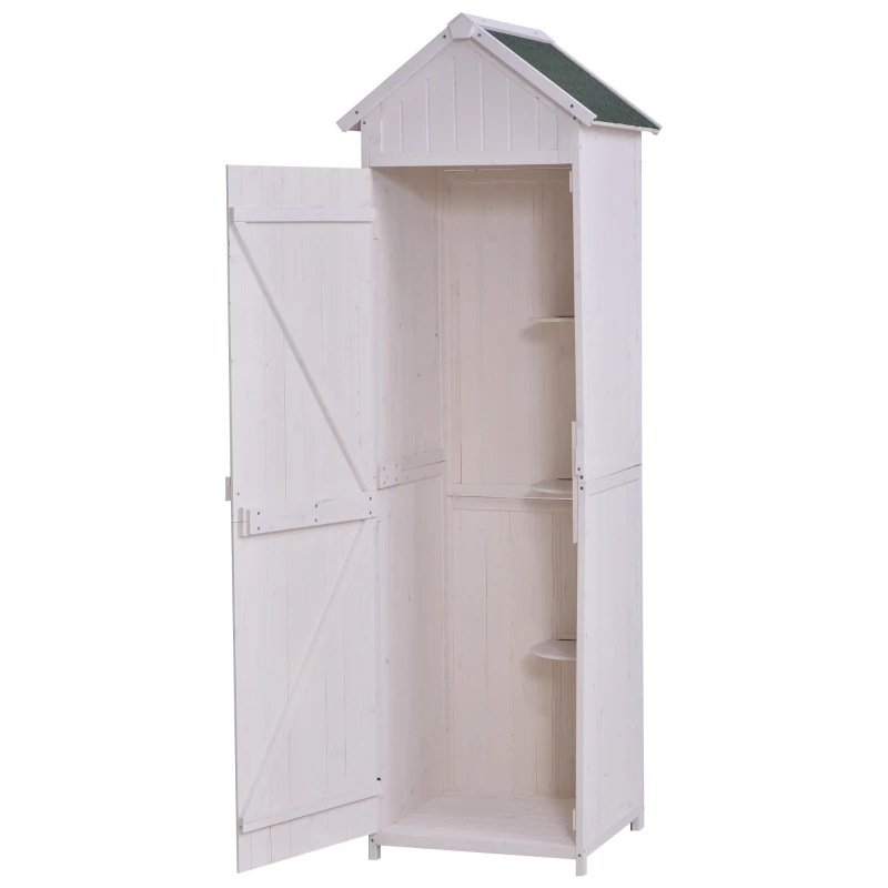 Outsunny Armoire abri de Jardin Remise pour Outils 3 étagères Porte loquet Toit Pente bitumé 68L x 65l x 214H cm pin Massif traité Blanc