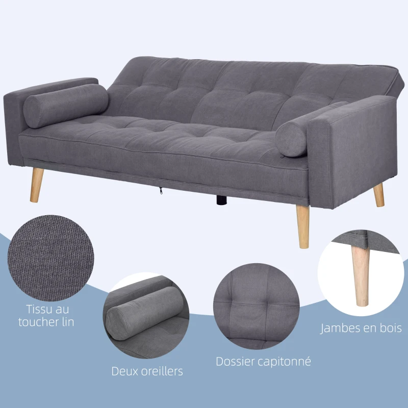 HOMCOM Canapé Convertible 3 Places Design scandinave Dossier inclinable 3 Positions Pieds Bois Tissu Lin Gris