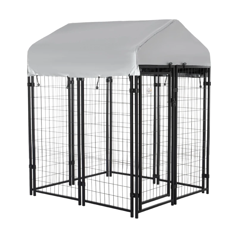 PawHut Outdoor Dog Kennel, Metal Playpen Fence Dog Run with UV-Resistant Canopy and Locks, for Small and Medium Dogs, 120 x 120 x 138cm