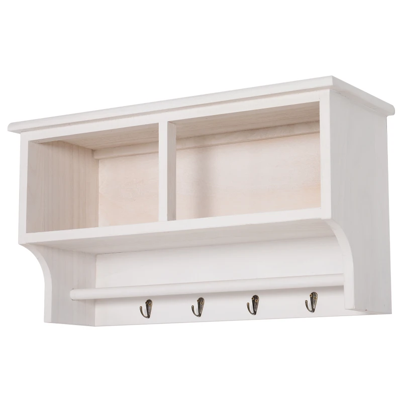 HOMCOM Porte-manteau mural - meuble de rangement mural étagère 4 patères + 2 paniers bois de paulownia osier tissu blanc