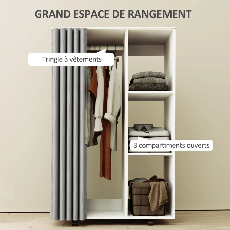 HOMCOM Armoire penderie vêtement dressing mobile 4 roulettes avec tringle à vêtements et étagères ouvertes, blanc(m-4)