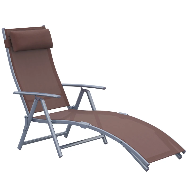 Outsunny Sun Lounger Steel Frame Outdoor Folding Chaise Texteline Lounge Chair Recliner with Headrest & 7 Levels Adjustable Backrest, Brown