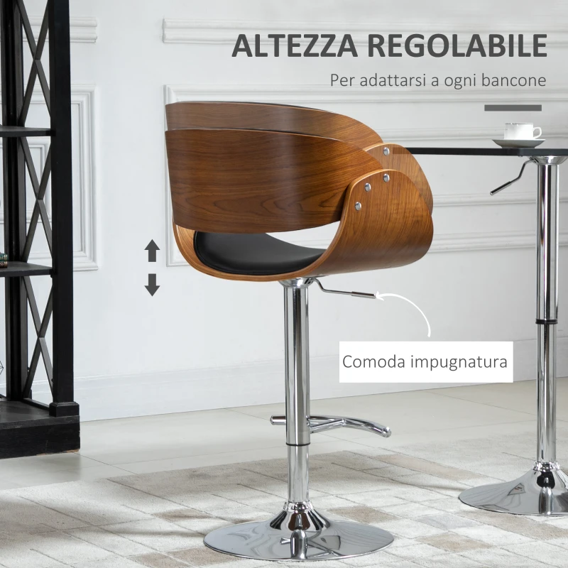 HOMCOM Sgabello da Bar Alto in Stile Industriale con Altezza Regolabile, Sgabello Cucina Vintage Girevole in Legno con Schienale e Poggiapiedi, 58L x 54P x 92-112Acm