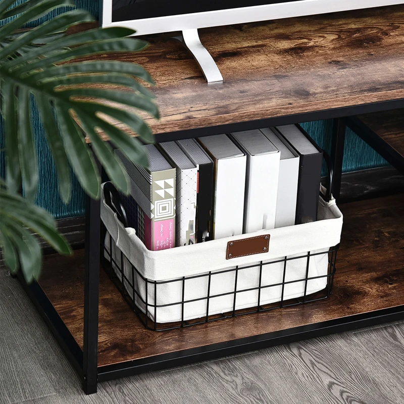 HOMCOM Meuble TV Banc TV Design Industriel Grand Plateau jusqu'à 55 Pouces avec 2 Étagères, pour salon chambre dim. 120L x 40l x 45H Coloris boisé métal Noir