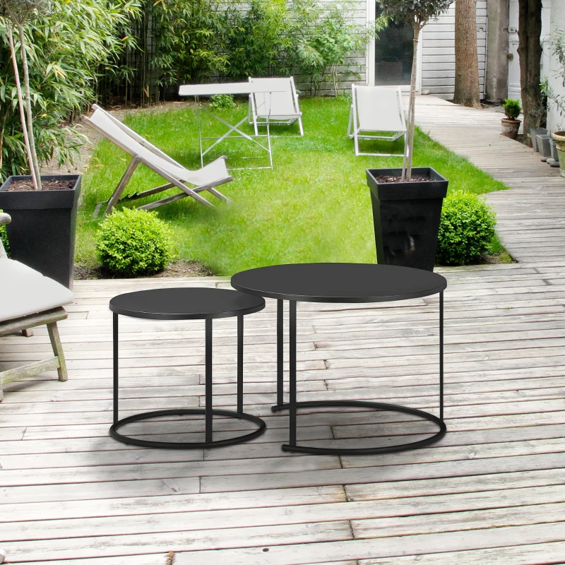Outsunny Juego de 2 Mesas de Café Ø70x50 cm y Φ50x43 cm Mesitas Auxiliares Redondas de Metal para Jardín Salón Domitorio Carga Máxima de 25 kg Negro
