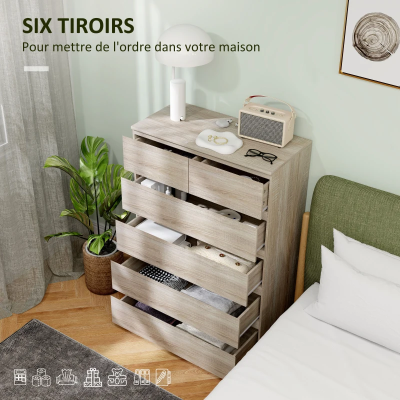 HOMCOM Commode 6 tiroirs meuble de rangement sans poignées design minimaliste 80 x 39 x 115 cm bois naturel