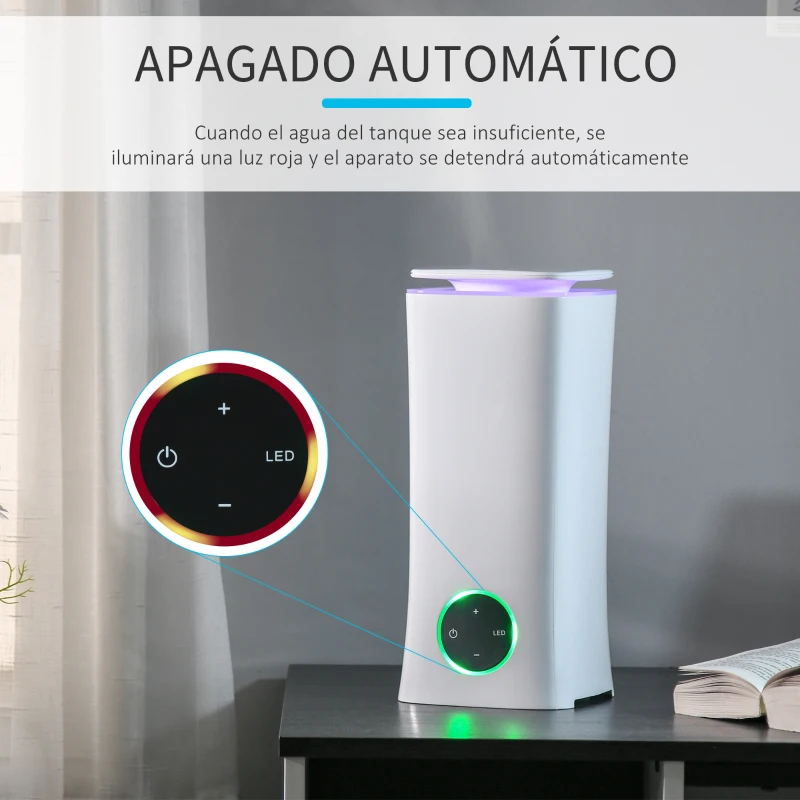 HOMCOM Humidificador Ultrasónico 2L Humidificador Silencioso con 3 Modos de Pulverización 7 Colores LED 15x15x34 cm Blanco