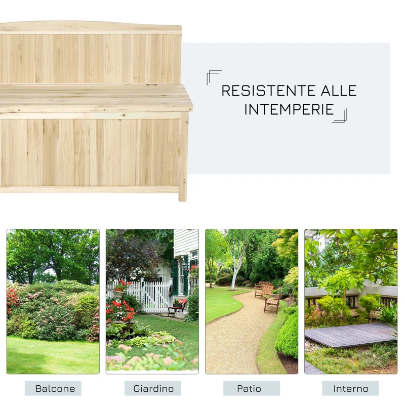 Outsunny Panca Contenitore da Esterno in Legno di Abete Naturale con Schienale per Giardino e Terrazza, 115x45x75cm