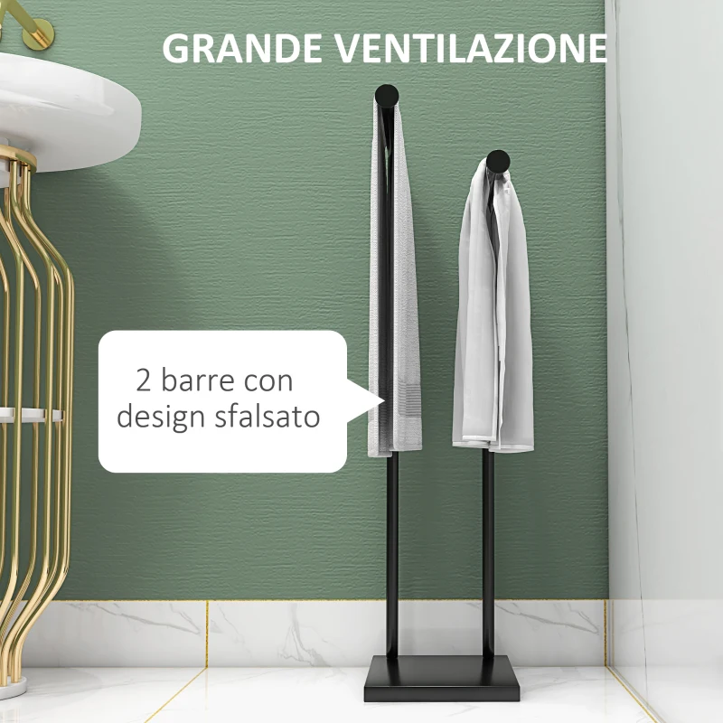HOMCOM Porta Asciugamani Bagno da Terra Autoportante a 2 Bracci in Metallo, 35.5x20x78cm, Nero