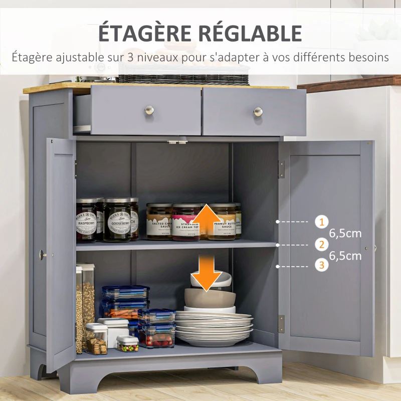 HOMCOM Meuble de rangement buffet salon avec placards, 2 tiroirs et étagères réglables, 68x40,3x85cm, gris et bois naturel