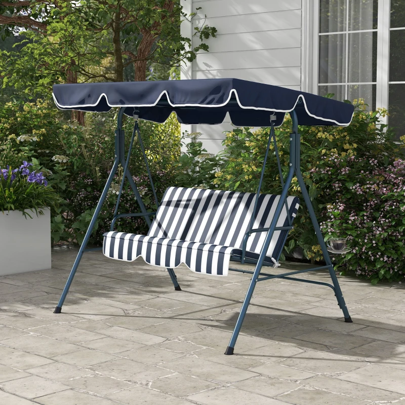 Outsunny Balancelle de Jardin 3 Places Toit Inclinaison réglable Coussins Assise et Dossier Acier Noir Polyester Bleu