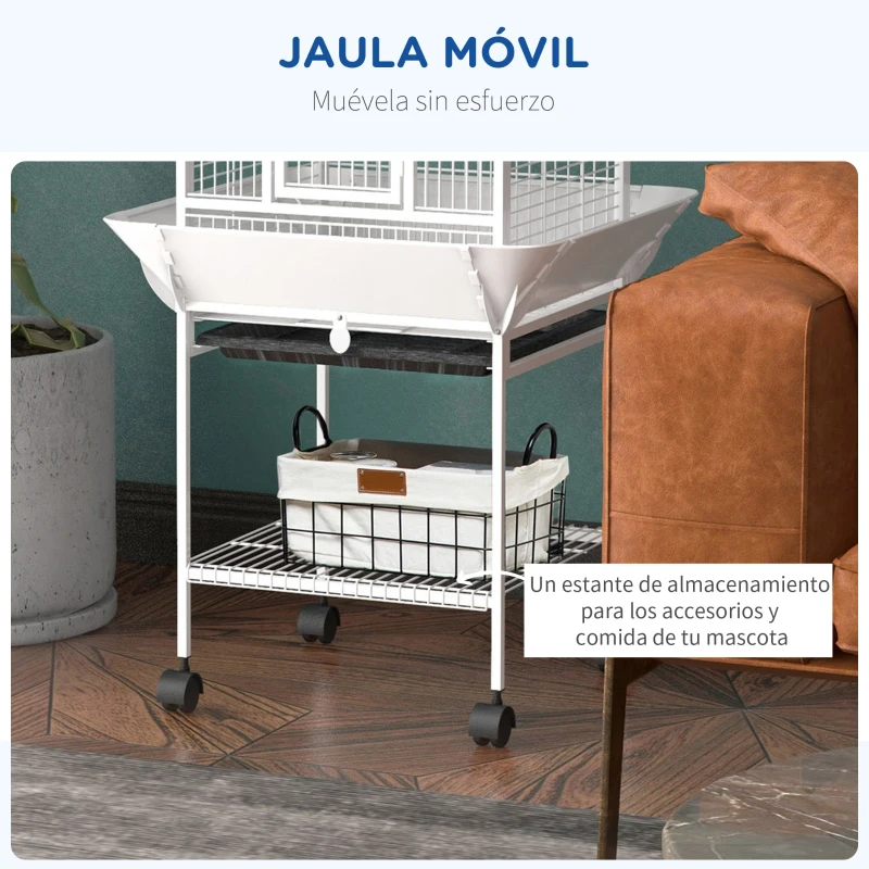 PawHut Jaula para Loros con Ruedas Perchas Comederos y Bandeja Extraíble Pajarera para Cacatúas Cotorras 62,5x62,5x156cm Blanco