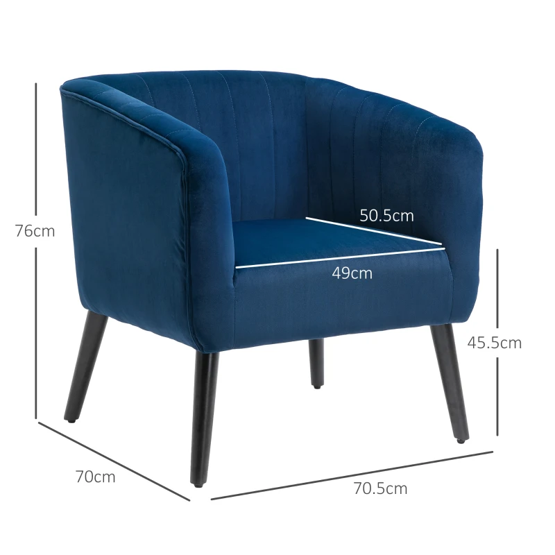 HOMCOM Poltroncina Moderna Sedia Imbottita Stile Nordico, Rivestimento in Velluto e Gambe in Legno, Blu, 70.5x70x76cm