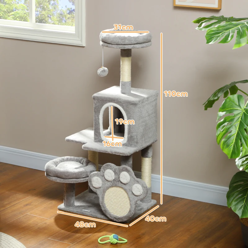 PawHut Árbol para gatos 110 cm Torre para Gatos con Nidos Cueva Plataforma Almohadilla de Rascado Bola Colgante Gris Claro