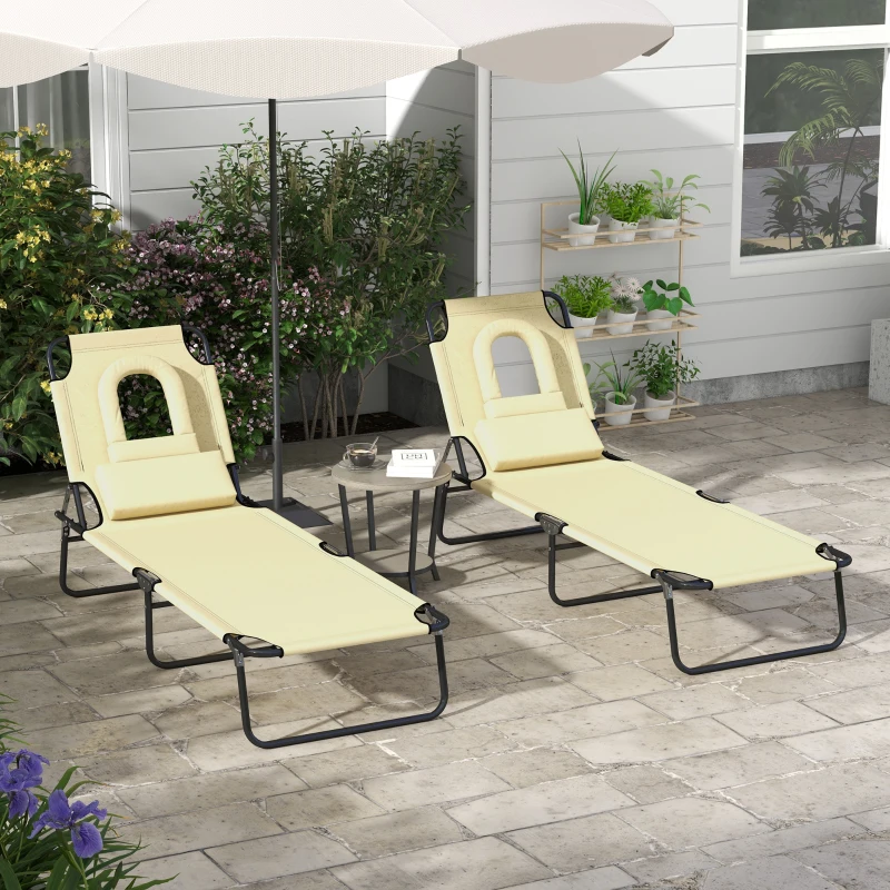 Outsunny Folding Sun Loungers Set of 2 with Face Hole, 4-Position Adjustable Backrest Garden Recliner Chairs Sunbeds, Outdoor Lounge Chairs with 600 D Oxford Cloth Seat, Pillow for Beach, Beige