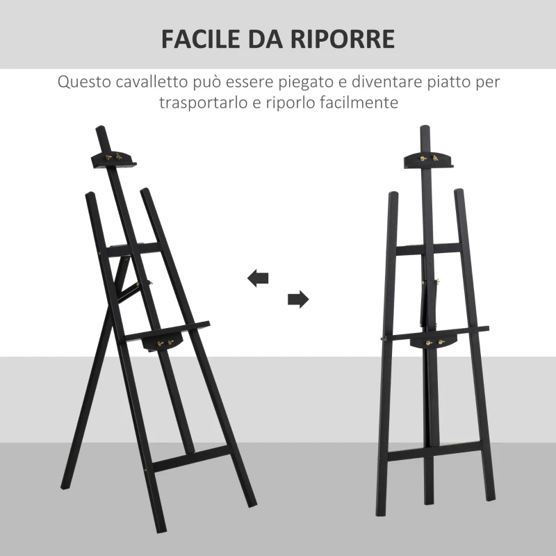 HOMCOM Cavalletto Pittura, 135 cm Cavalletto Treppiede per Dipingere su Tela, Cavalletto in Legno di Pino Regolabile, Portatile e Pieghevole con Pennello per Studio, Artisti e Pittori, Nero