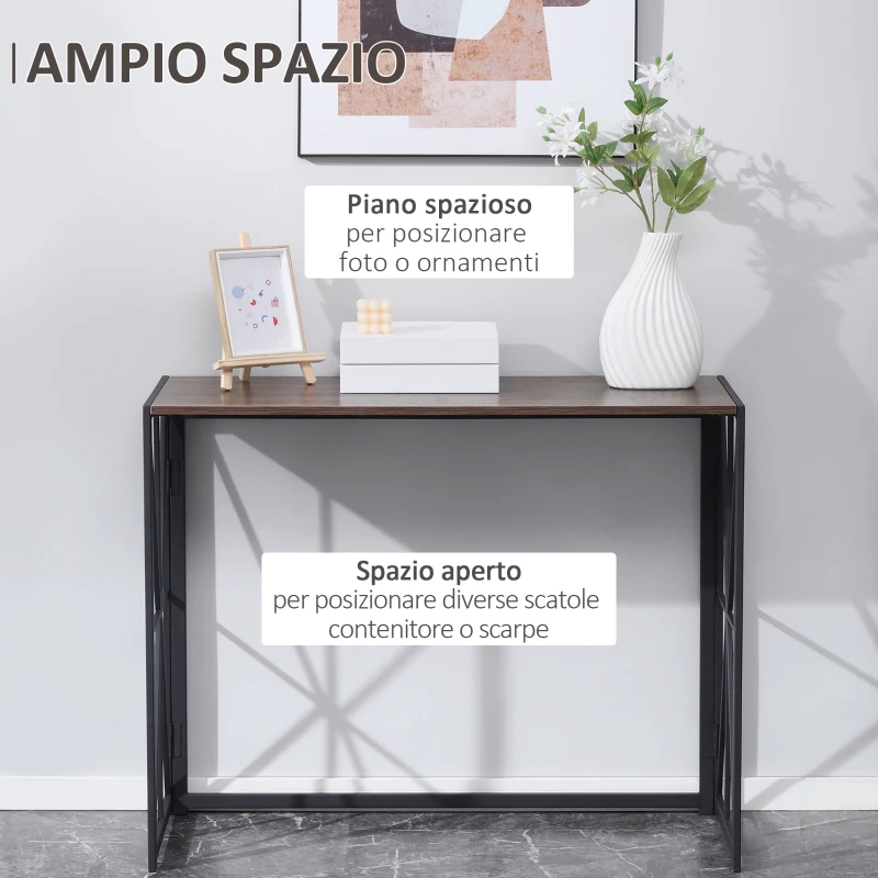 HOMCOM Tavolo Consolle da Ingresso Stile Industriale Pieghevole in Legno e Metallo, 100x38x80cm, Marrone