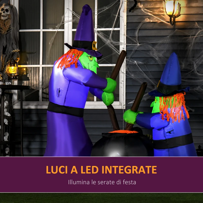 HOMCOM Addobbo Halloween Gonfiabile con Streghe e Calderone, 3 Luci LED Interne e Gonfiatore Integrato, 170x60x180cm