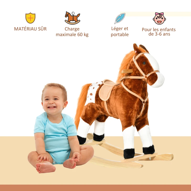 HOMCOM Cheval à Bascule en Bois et Peluche pour Enfant Cheval de Cowboy peluche Pour Enfants de 3-6 Ans Jouet balançoire avec Effet sonore Selle rênes Marron Blanc