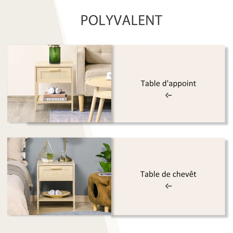 HOMCOM Table de chevet table de nuit avec tiroir et étagère, cannage en rotin, dim. 40L x 40l x 48H cm aspect bois naturel clair