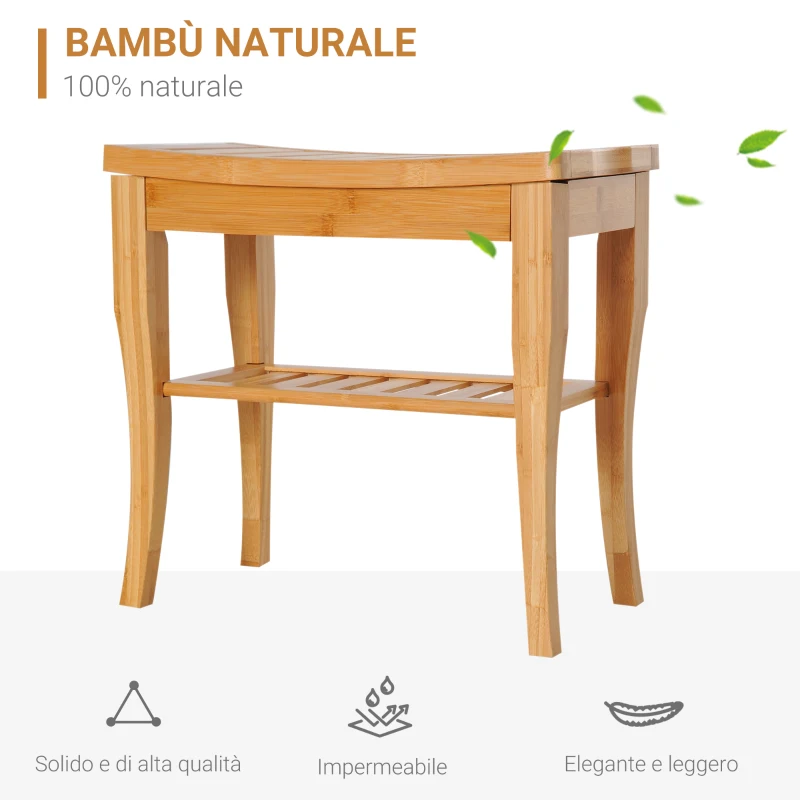 HOMCOM Sgabello da Bagno in Bambù Naturale con Ripiano Portaoggetti per Anziani e Disabili Portata 100kg 47.5x26x44.5cm