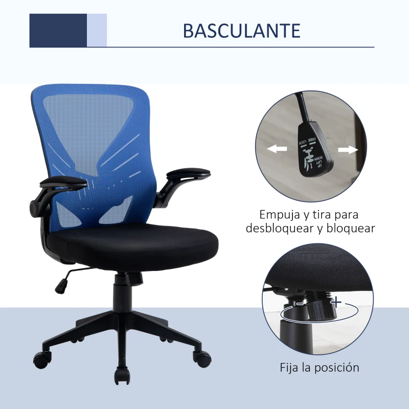Vinsetto Silla de Oficina Ergonómica Silla de Juvenil con Altura Ajustable Reposabrazos Abatible y Soporte Lumbar Transpirable 62x59x99-107 cm Azul y Negro