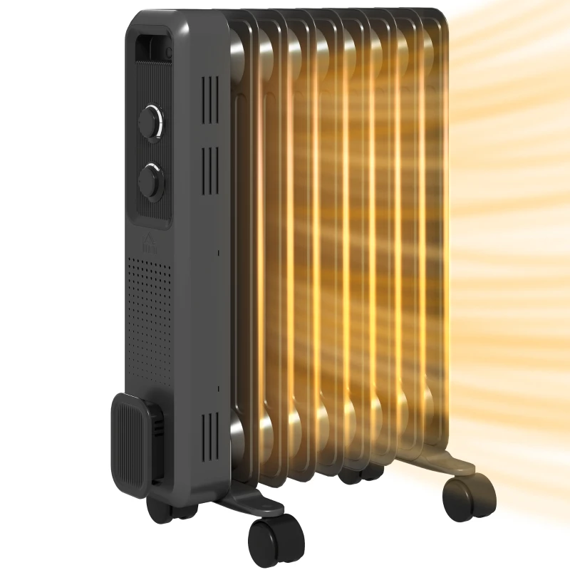 HOMCOM 2000W Oil Filled Radiator, 9 Fin, Portable Electric Heater with 3 Heat Settings, Safety Cut-Off and Wheels, Grey