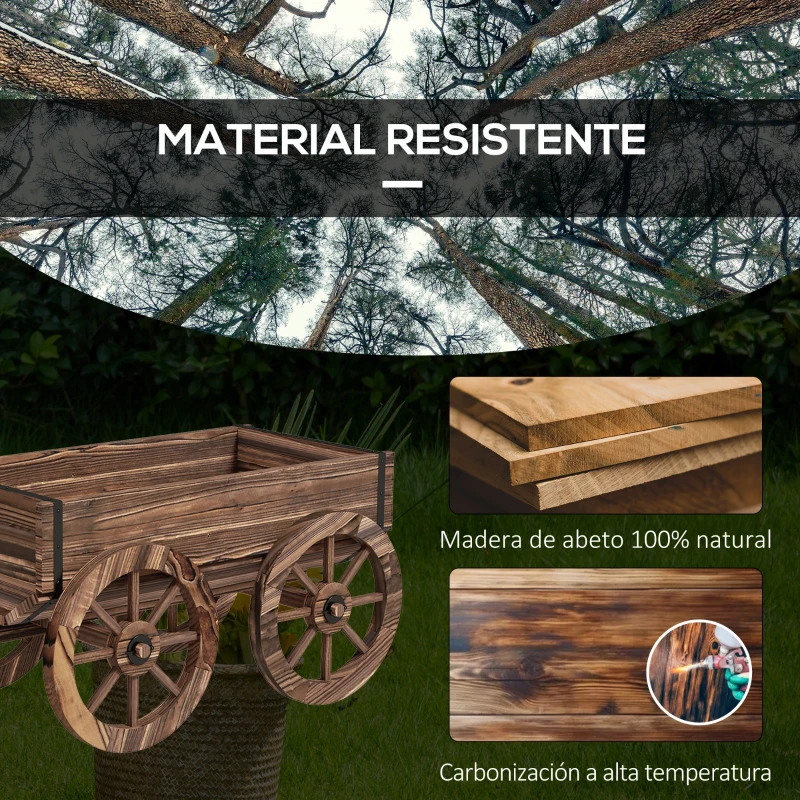 Outsunny Jardinera de Madera Exterior en Forma de Carrito con 4 Ruedas y Mango para Balcón Jardín Patio 120x41x54 cm Carbonizado