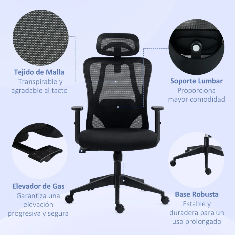 Vinsetto Silla de Oficina Giratoria con Reposabrazos 2D Silla Escritorio Regulable en Altura Reposacabezas Soporte Lumbar y Respaldo Alto Malla Transpirable 67x64x117-127 cm Negro