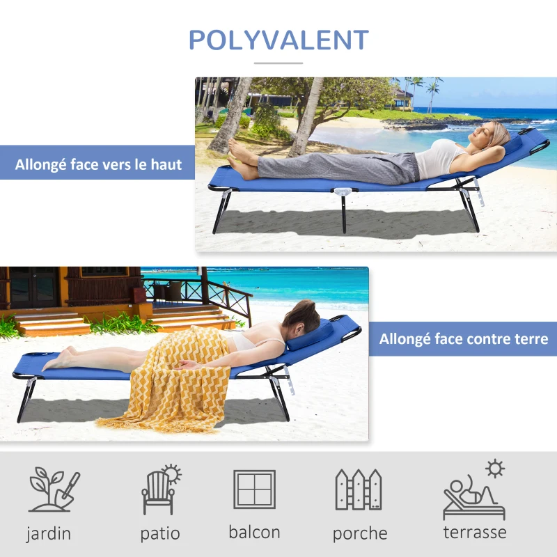 Outsunny Lot de 2 Bains de Soleil Pliable transat inclinable 4 Positions Chaise Longue de Lecture 3 Coussins fournis Bleu