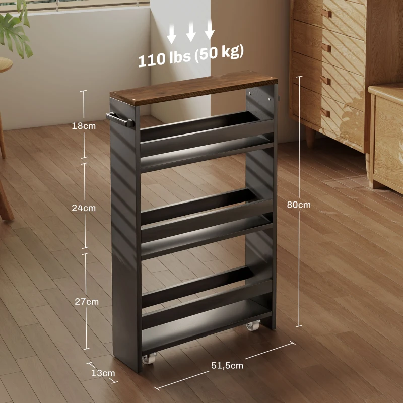 HOMCOM Chariot de rangement sur roulettes 3 niveaux de rangement et poignée, dim. 51,5l x 13P x 80H cm
