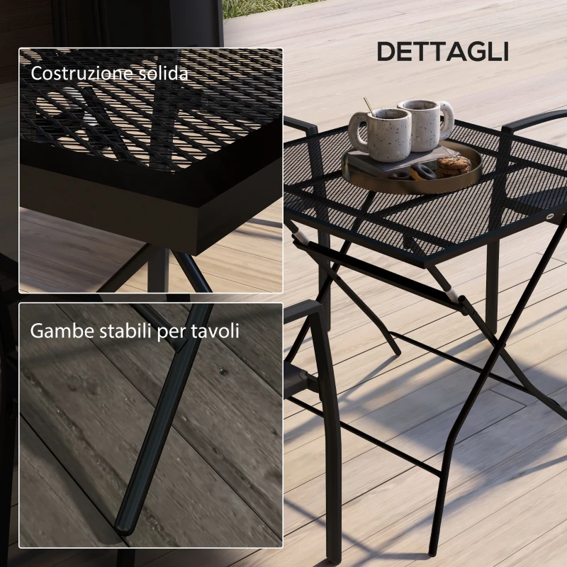 Outsunny Tavolo da Giardino Pieghevole Quadrato con Piano a Rete in Acciaio, 80x80x74cm, Nero