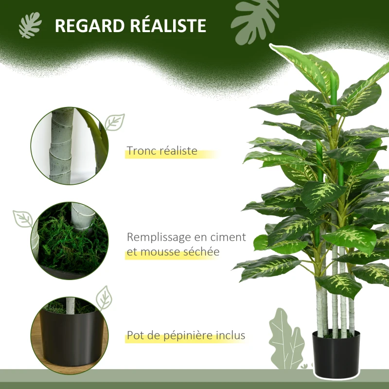 HOMCOM Plante artificielle calathea hauteur 120 cm pot ciment 53 feuilles - intérieur