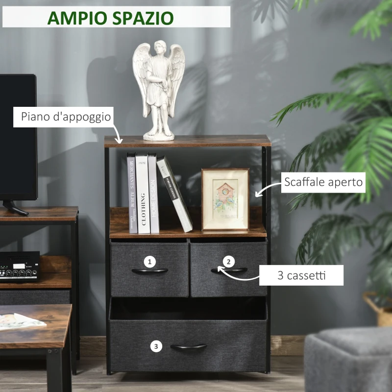 HOMCOM Mobile Cassettiera Multiuso con 3 Cassetti Pieghevoli in Tessuto, Arredamento Soggiorno e Camera, 58x29x81.5cm, Grigio Scuro