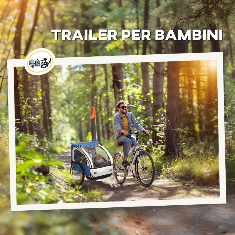 HOMCOM Rimorchio Bici Bambini con 2 Posti, 2 Cinture di Sicurezza, Telaio in Acciaio e Copertura in Tessuto Oxford Blu