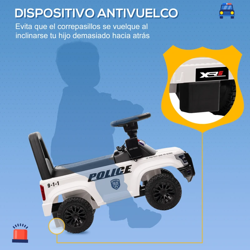 HOMCOM Coche Correpasillos de Policía para Bebé Coche sin Pedales con Megáfono y Almacenaje Oculto 62x29x43 cm Blanco