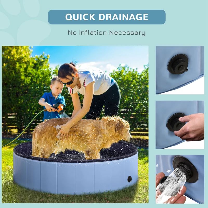 PawHut Dog Paddling Pool, Foldable Dog Pool, Leakproof & Hard Plastic, Portable Pet Bathtub with Non-Slip Base & Drainage Hole, for Indoors, Outdoors, Garden, Patio, 120 x 30 cm, Blue