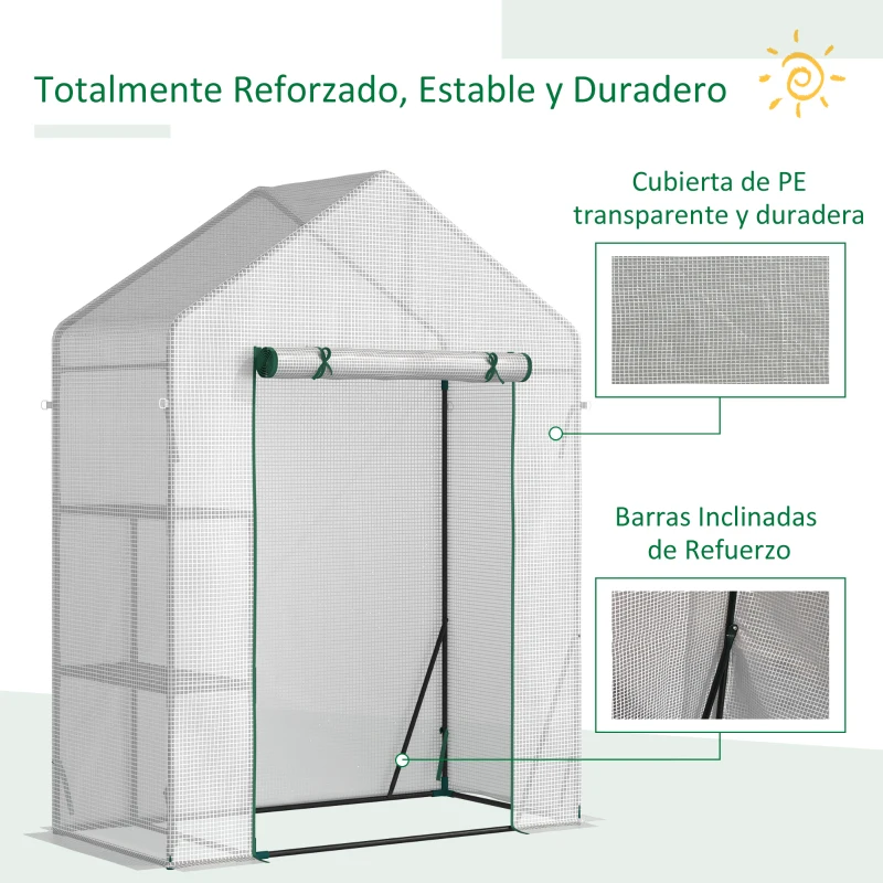 Outsunny Invernadero de Exterior Invernadero Pequeño con 2 Estantes Puerta Enrollable con Cremallera Marco de Acero y Cubierta de PE 140g/㎡ para Cultivos Plantas Flores 143x73x195 cm Blanco