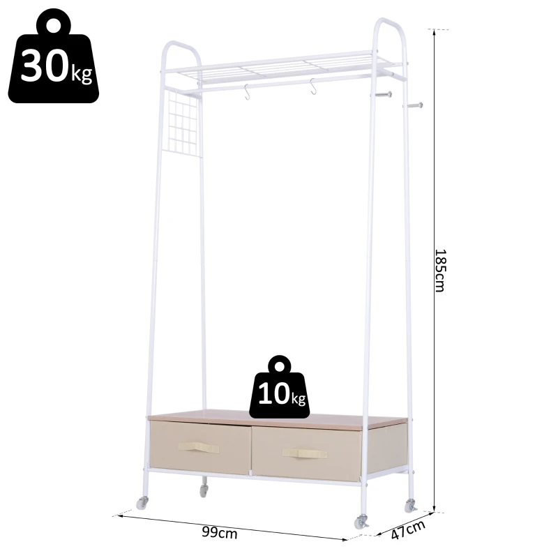 HOMCOM Portant sur roulettes porte-manteaux vestiaire d'entrée multi-rangements penderie, 2 tiroirs, 2 étagères, 2 patères  99L x 47l x 185H cm panneaux particules métal blanc