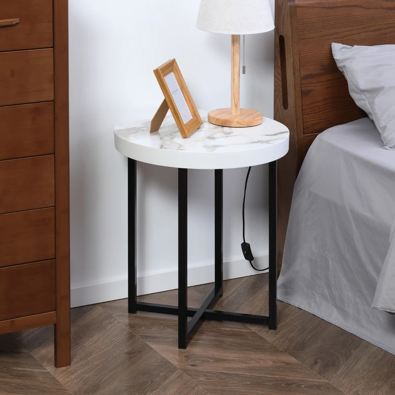 HOMCOM Round Side Table with Metal Legs, Modern End Table Bedside Table for Living Room, Bedroom, White
