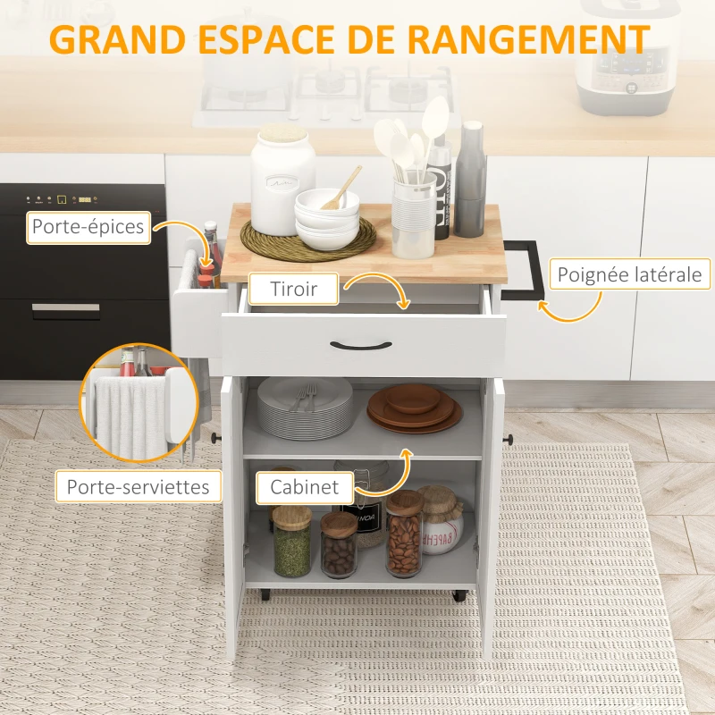 HOMCOM Desserte cuisine desserte à roulettes plateau en bois d'hévéa avec tiroir placard 2 portes 83 x 45 x 91,5 cm blanc