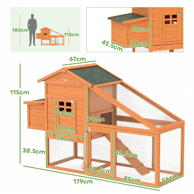 PawHut Pollaio da Giardino per 1-2 Galline con Area per Cova, Casetta e Spazio Aperto, in Legno e Metallo, 179x67x115 cm