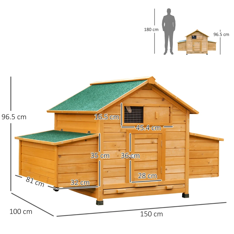 PawHut Pollaio Gabbia Ovaiole per Galline da Giardino con 2 Cassetti, Nido e Tetto da Esterno Impermeabile in Legno, 150x100x96.5 cm