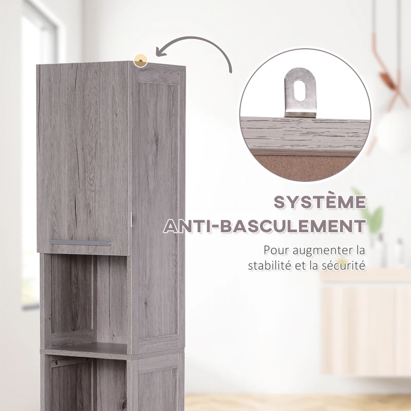 kleankin Meuble Colonne Rangement Salle de Bain + Meuble sous-vasque Design compact Multi-rangement aspect imitation bois gris