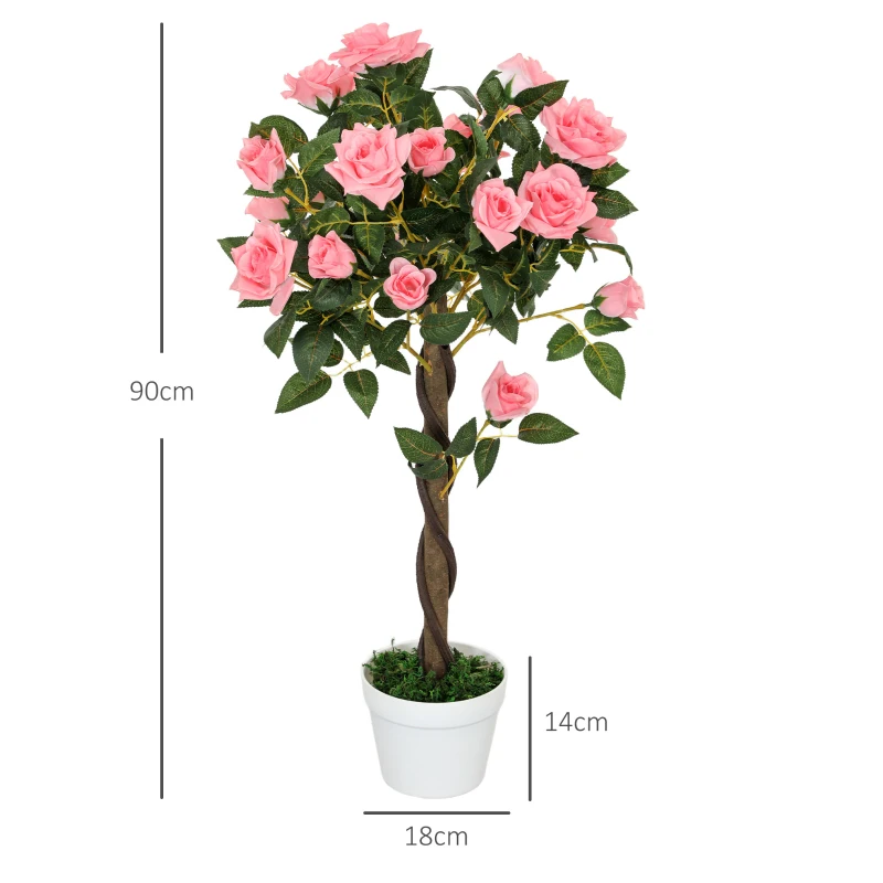 Outsunny Set of 2 Artificial Plants Pink Rose Floral in Pot, Fake Plants for Home Indoor Decor, 90cm