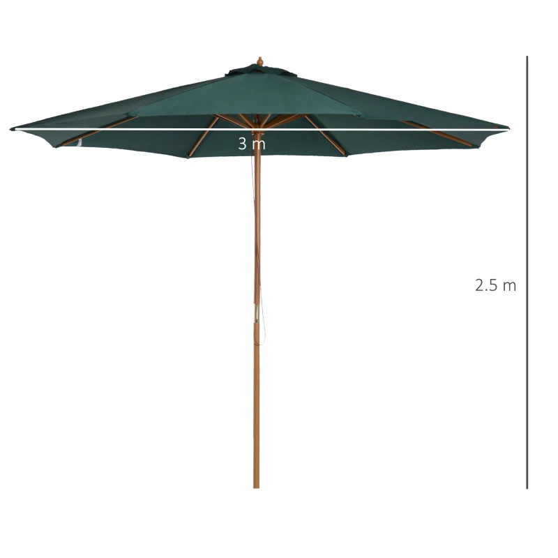 Outsunny Ombrellone da Giardino 3x2.5 m con Apertura a Corda, 8 Stecche, in Legno e Poliestere Verde Scuro