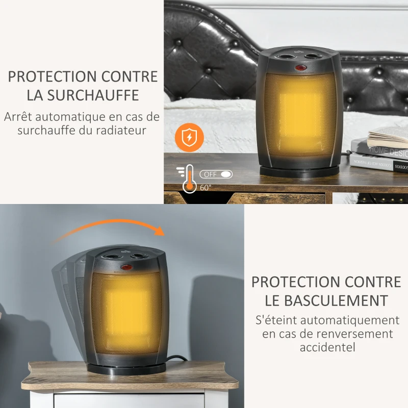 HOMCOM Chauffage soufflant oscillant 1500 W - mini radiateur céramique PTC - 3 niveaux de puissance - chauffage d'appoint noir